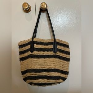 J. Crew Striped Straw Market Tote Bag with Leather Straps